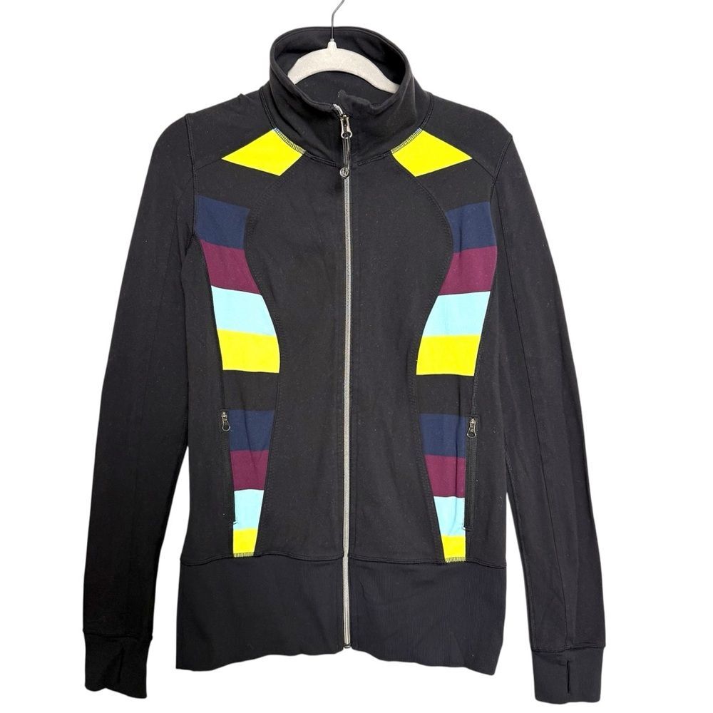 Lululemon Nice Asana Jacket Black Colorblock Stripe Zip Up Luon Size 4 Yoga